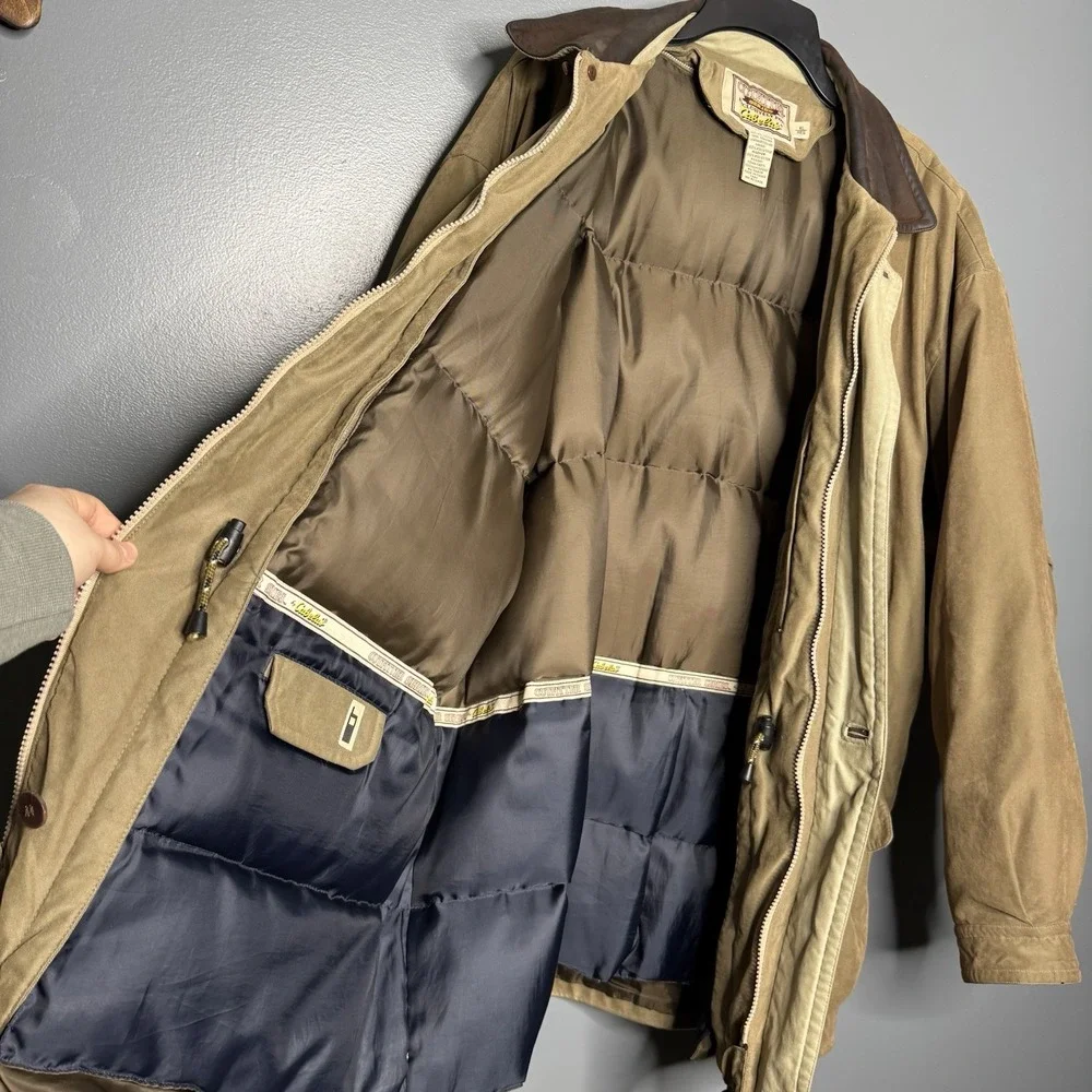 Cabelas Outfitter Series Mens XL Down Jacket XL Leather‎ Collar Barn Chore Parka
